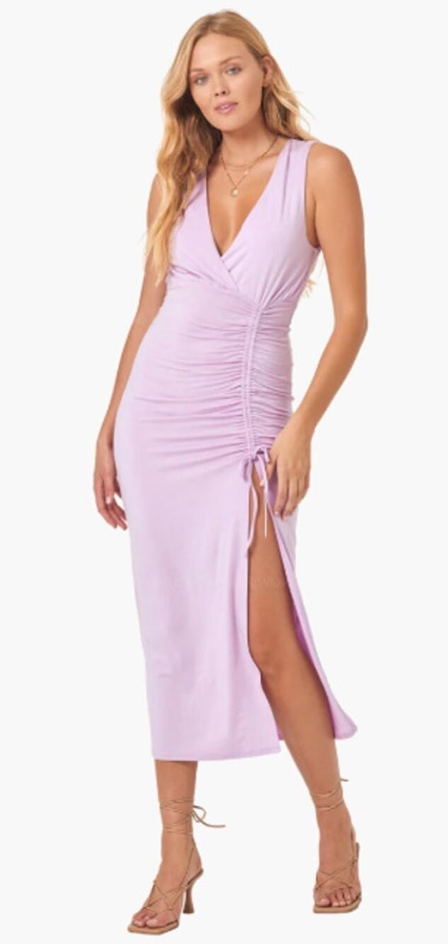 L*Space DARCY V-Neck Ruched Side Slit Tank Stretch Midi Dress in Lily M NWT $150